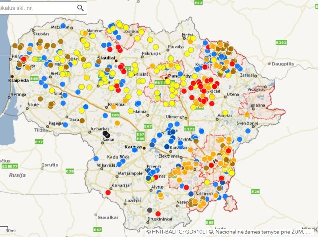 Potencialiai pažeidžiamus eglynus galima matyti pažeistų miško medynų žemėlapyje